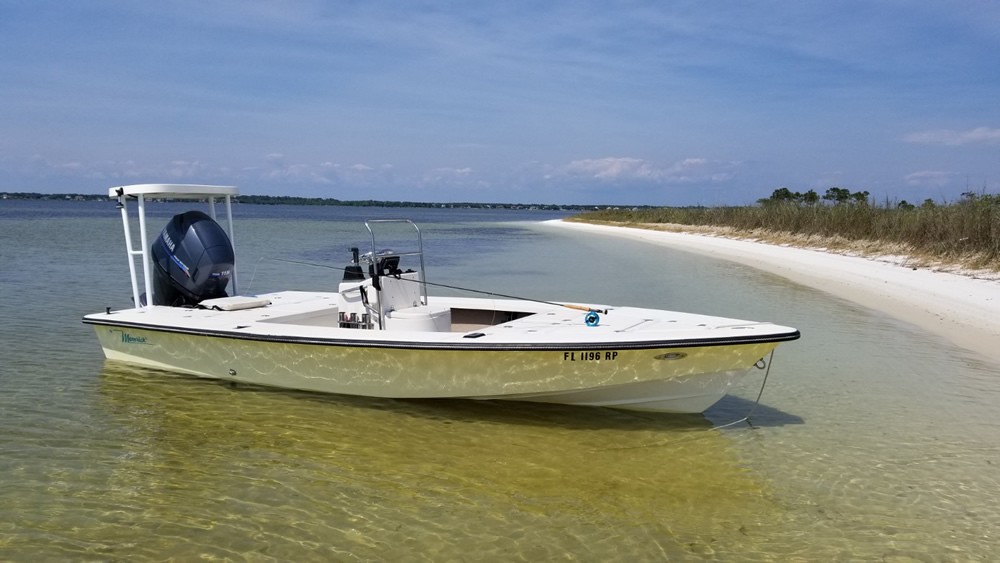 Maverick Master Angler 17  flats skiff moored in calm shallow water